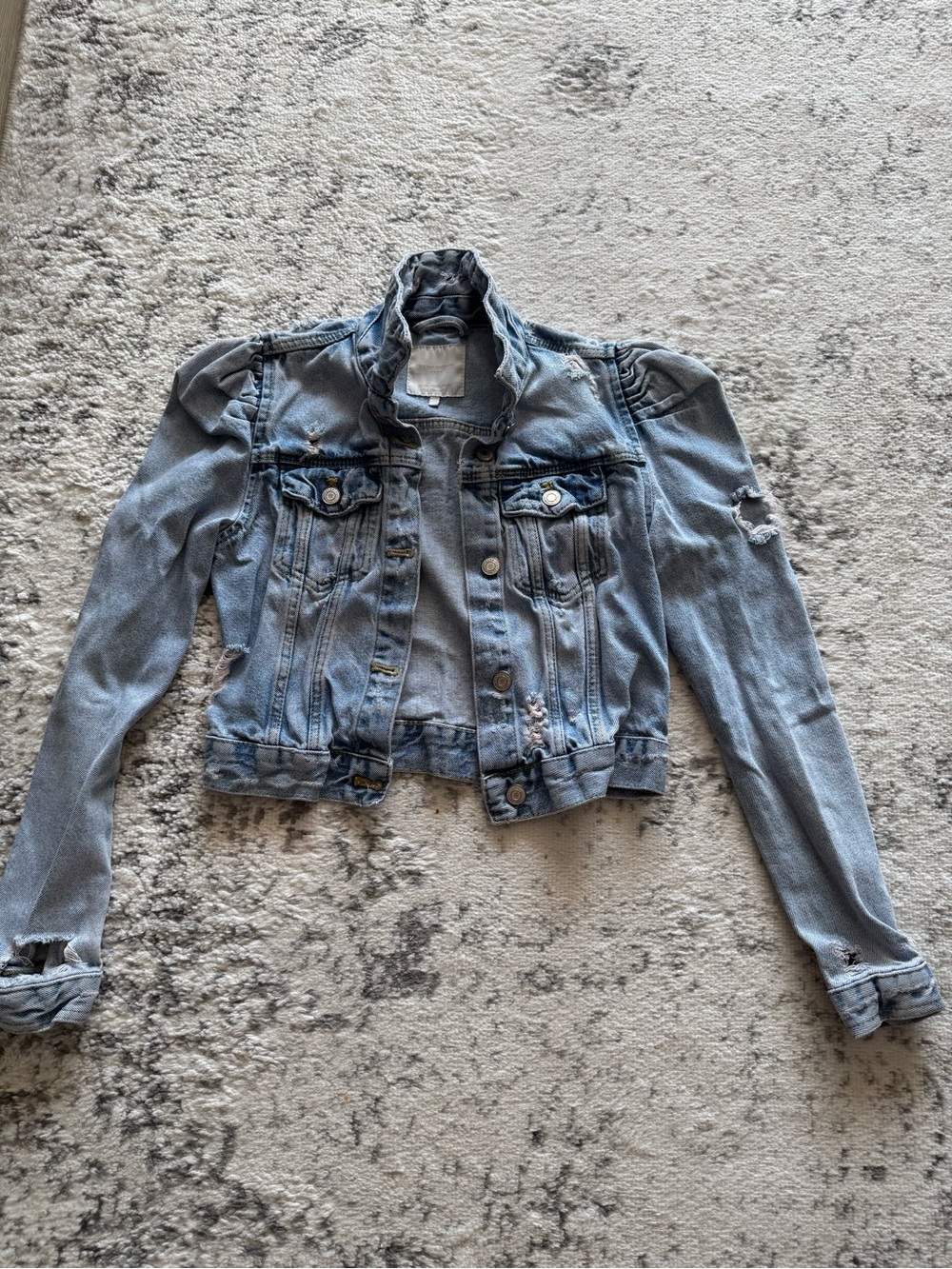 Zara Denim Distressed Puff-Sleeve Cropped Jacket - Light Blue
